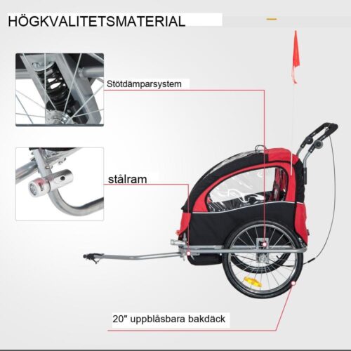 Röd barncykelvagn för 2 barn med flagga, regnskydd och upphängning