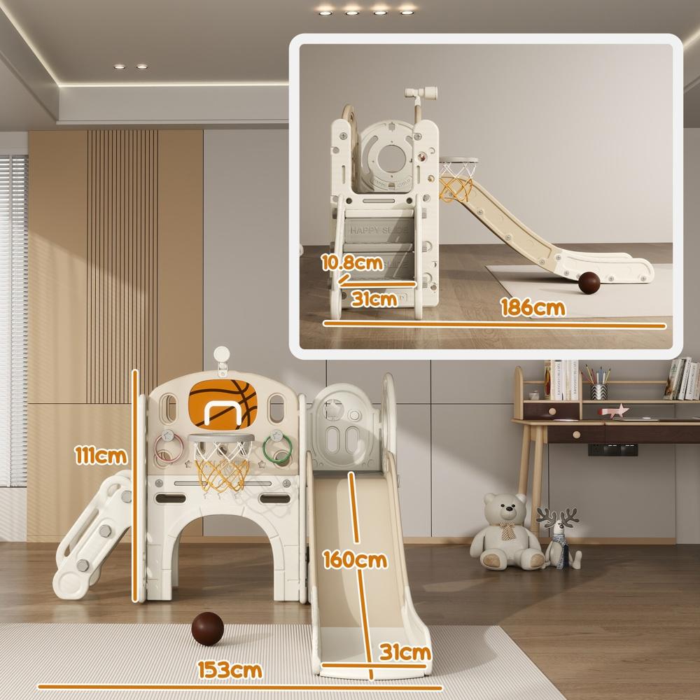 7-i-1 rutschkana för barn med basketbåge, teleskop och tunnel för aktiv lek i åldrarna 1-6