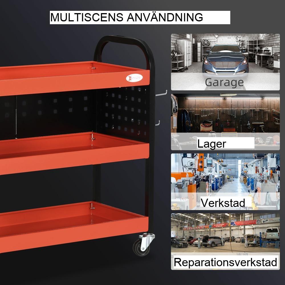 Röd verktygsvagn, 100 kg kapacitet, 3 hyllor, verkstadsarrangör