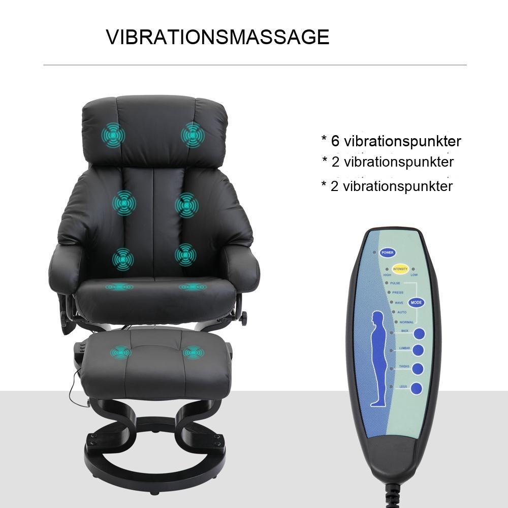 Svart liggande massagestol och pallset med vibrationer, svart konstläder