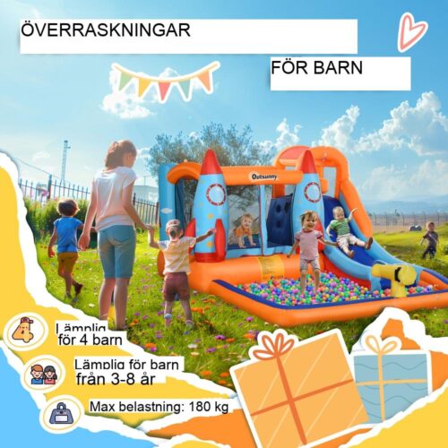 Uppblåsbart hoppborg för barn med rutschkana, raketdesign, 3-8 år