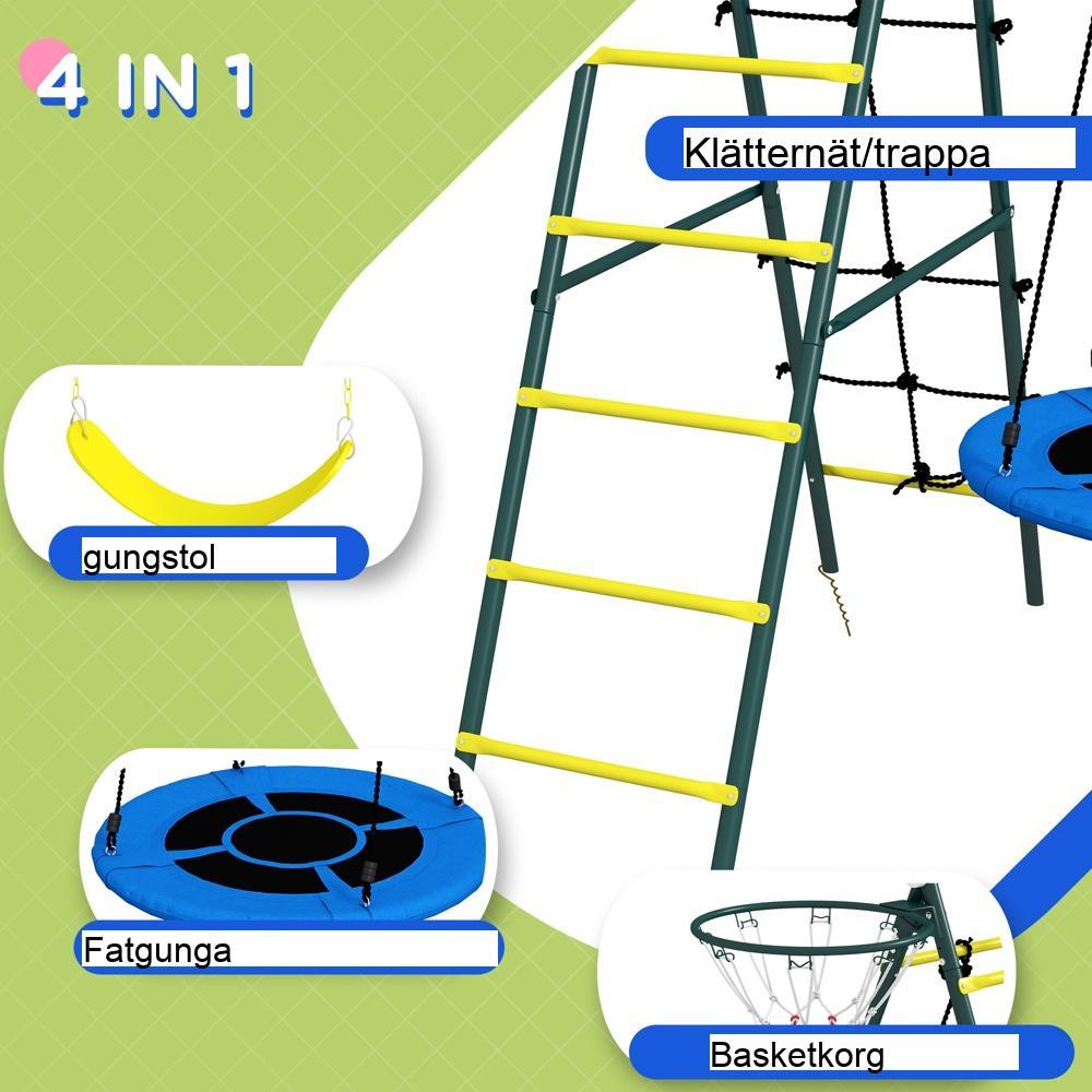 Gult stål 4 i 1 gungställ för barn med basketbåge