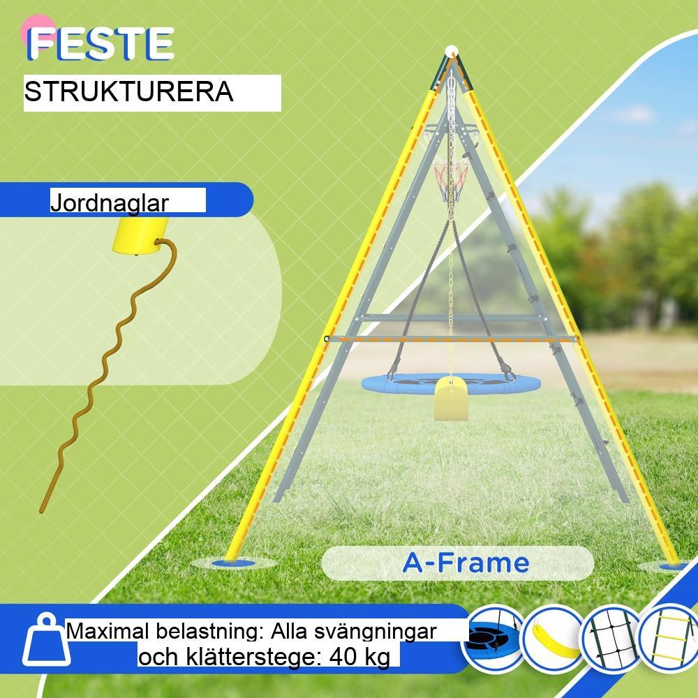 Gult stål 4 i 1 gungställ för barn med basketbåge