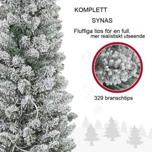 180 cm smal konstgjord julgran med 150 LED-lampor och snötäckta grenar