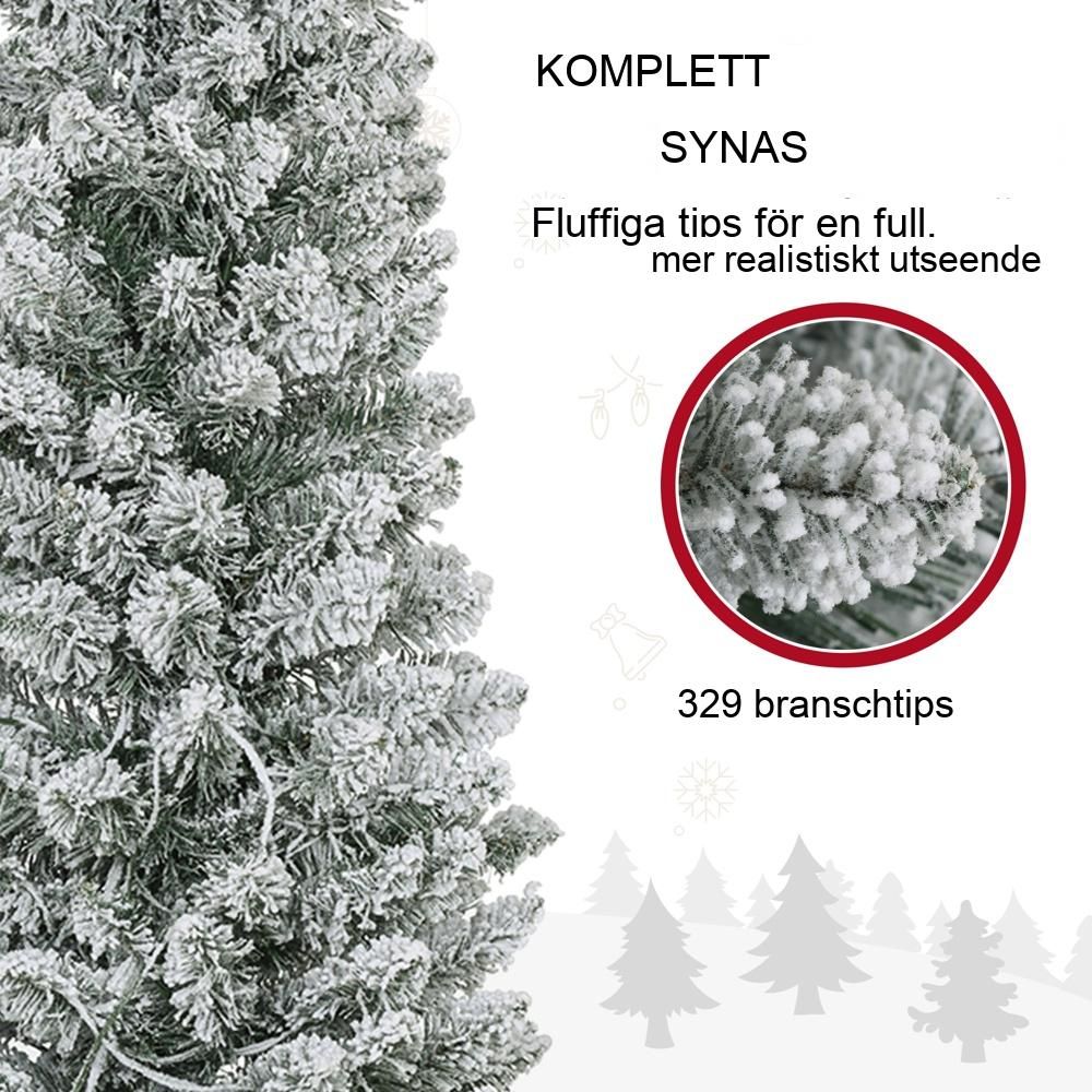 180 cm smal konstgjord julgran med 150 LED-lampor och snötäckta grenar