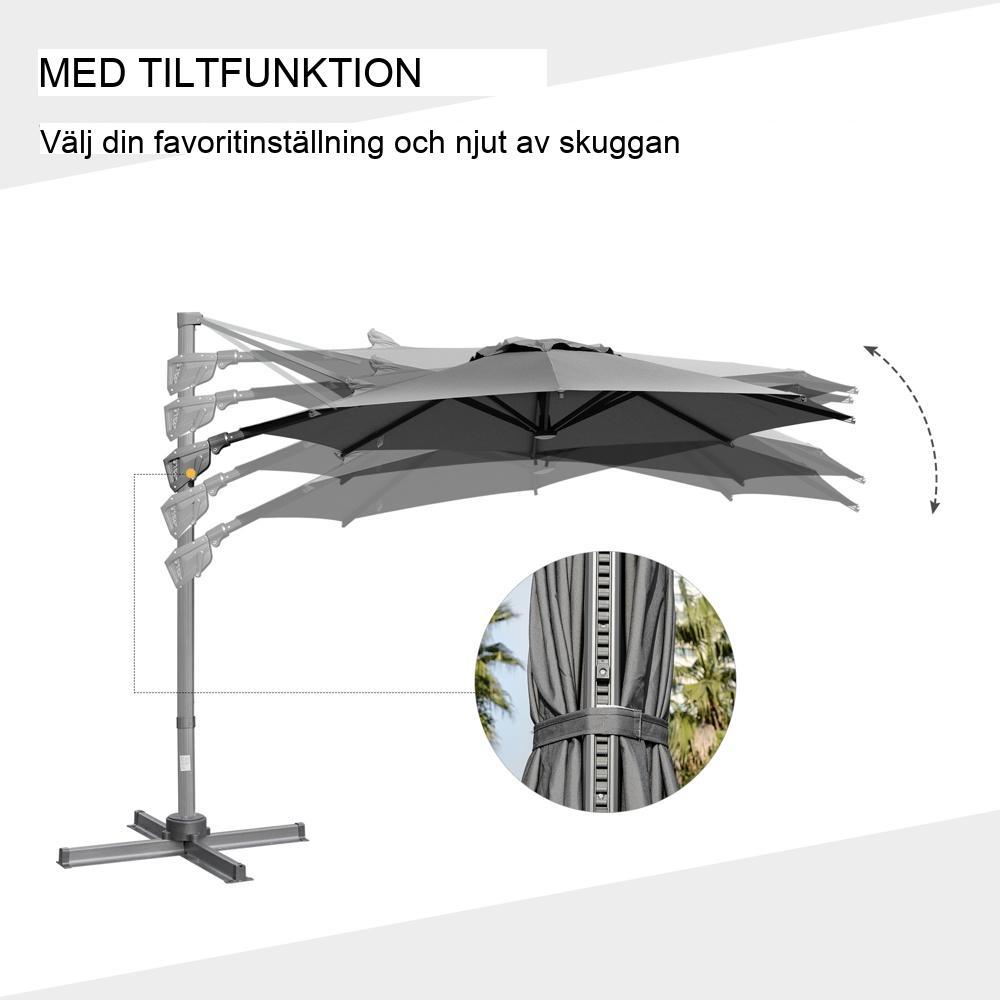 Stort mörkgrå fribärande parasoll med vev, justerbar lutning för terrass och trädgårdsskydd