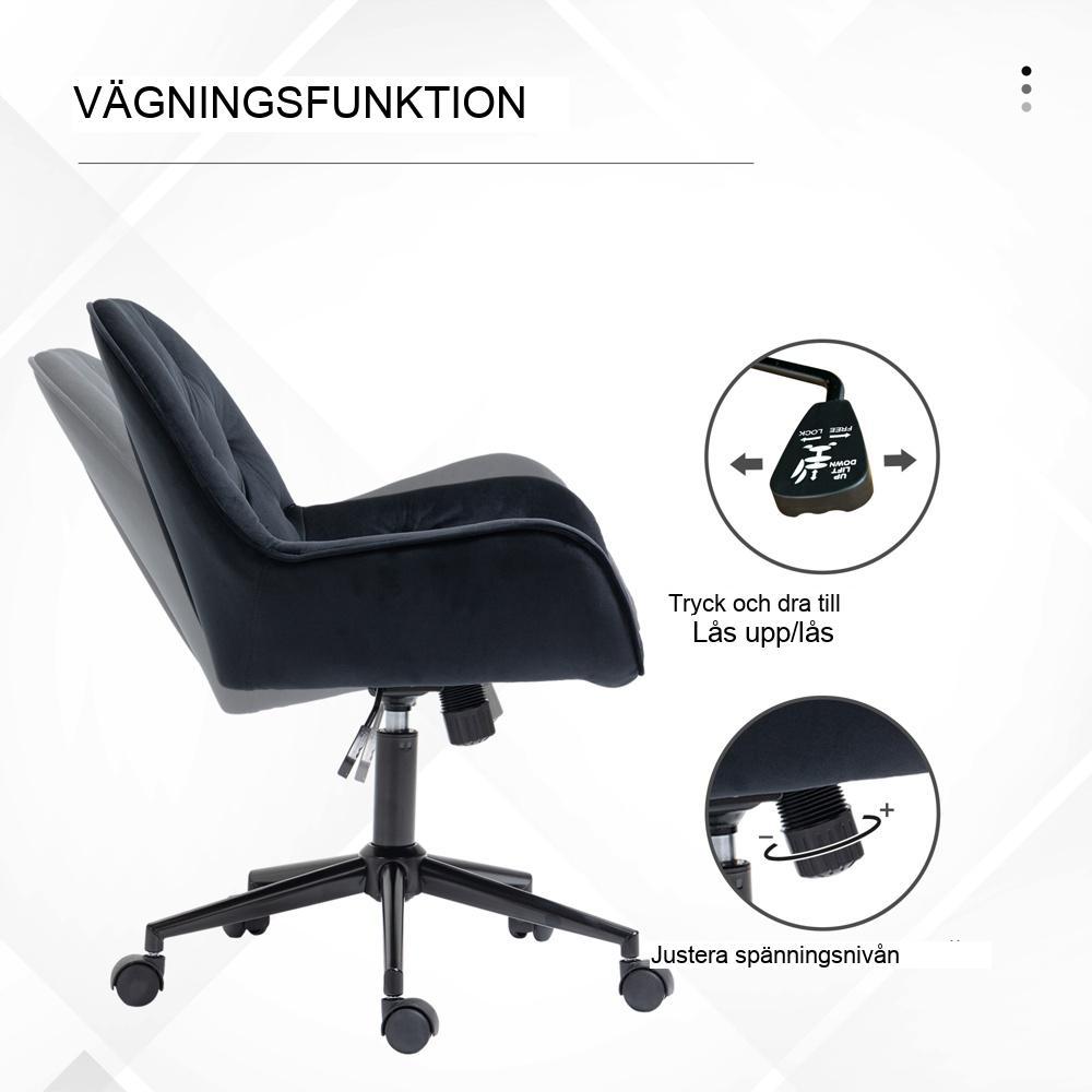 Svart ergonomisk snurrstol, justerbar höjd, sammetslook