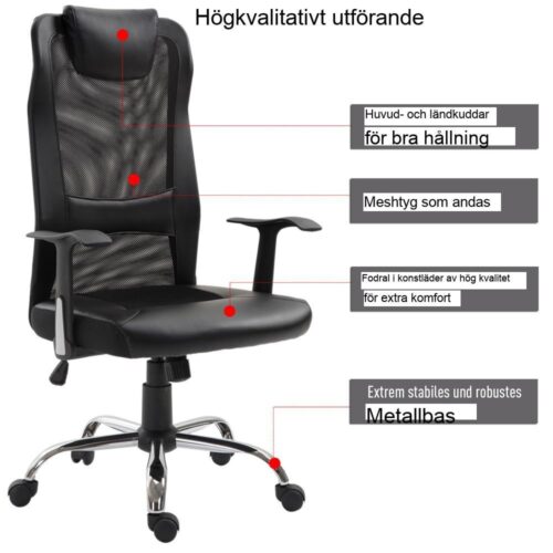 Ergonomisk kontorsstol med gungfunktion och armstöd (svart) 120 kg Kapacitet