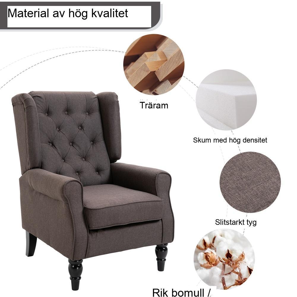 Snygg brun Wingback-fåtölj med tuftat ryggstöd och träben