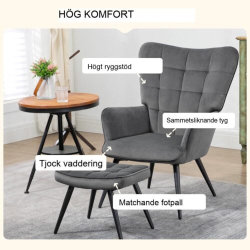 Dark Grey Velvet Wing Chair and Pall Set – Bekväm loungestol med fotstöd