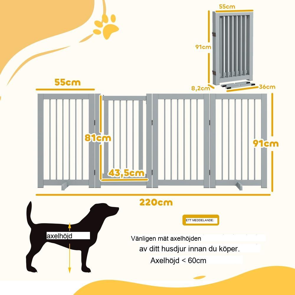 Hopfällbar hundspärrgrind i trä med dörr, 220x91cm ljusgrå