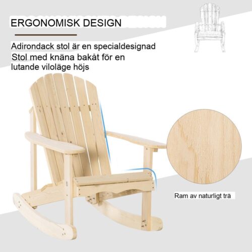 Natural Pinewood Adirondack gungstol för trädgårdsveranda uteplats