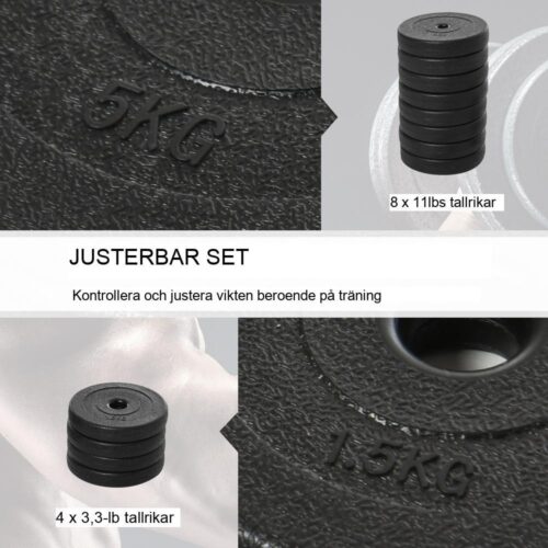 Heavy Duty justerbar hantelset, 50 kg med stålstänger för hemmaträning