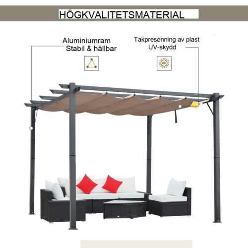 Aluminiumpergola med skjuttak – kolgrå + kaffebrun 3x3m uteplatsöverdrag