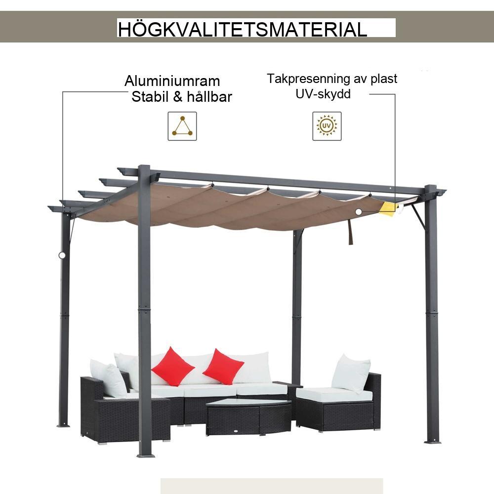 Aluminiumpergola med skjuttak – kolgrå + kaffebrun 3x3m uteplatsöverdrag