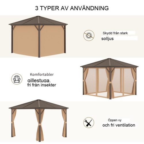 Trädgårdspaviljong Lusthus med gardiner – sol- och regnskydd, brons aluminiumram 3x3m