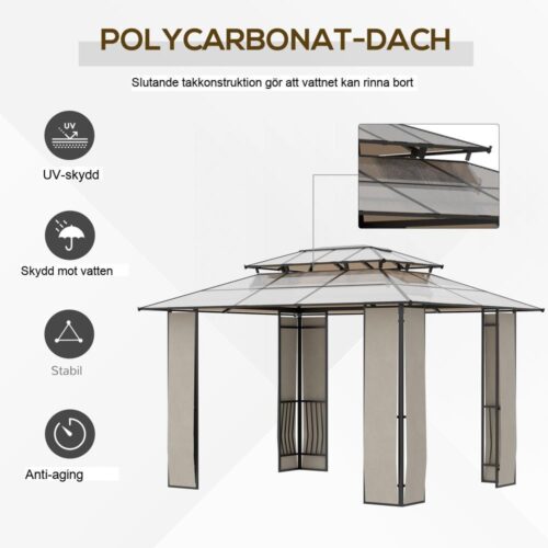 Slitstarkt lusthus med taklucka, UV-skydd och vattenavvisande, brun/ljusgrå 3,65x3m