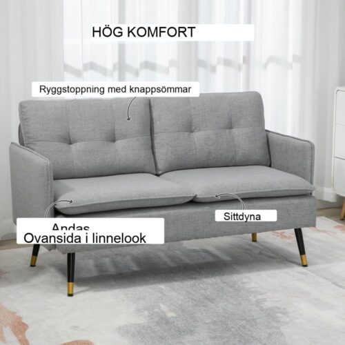 Loveseat med grå linnelook, bekväm tvåsitssoffa för vardagsrummet