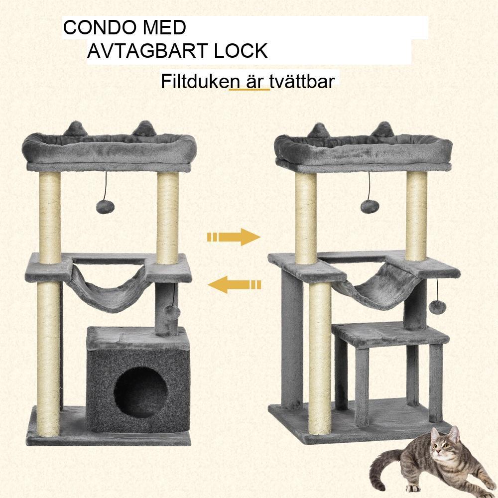 Grå plysch och sisal kattträd med hängmatta, lekträd och grotta