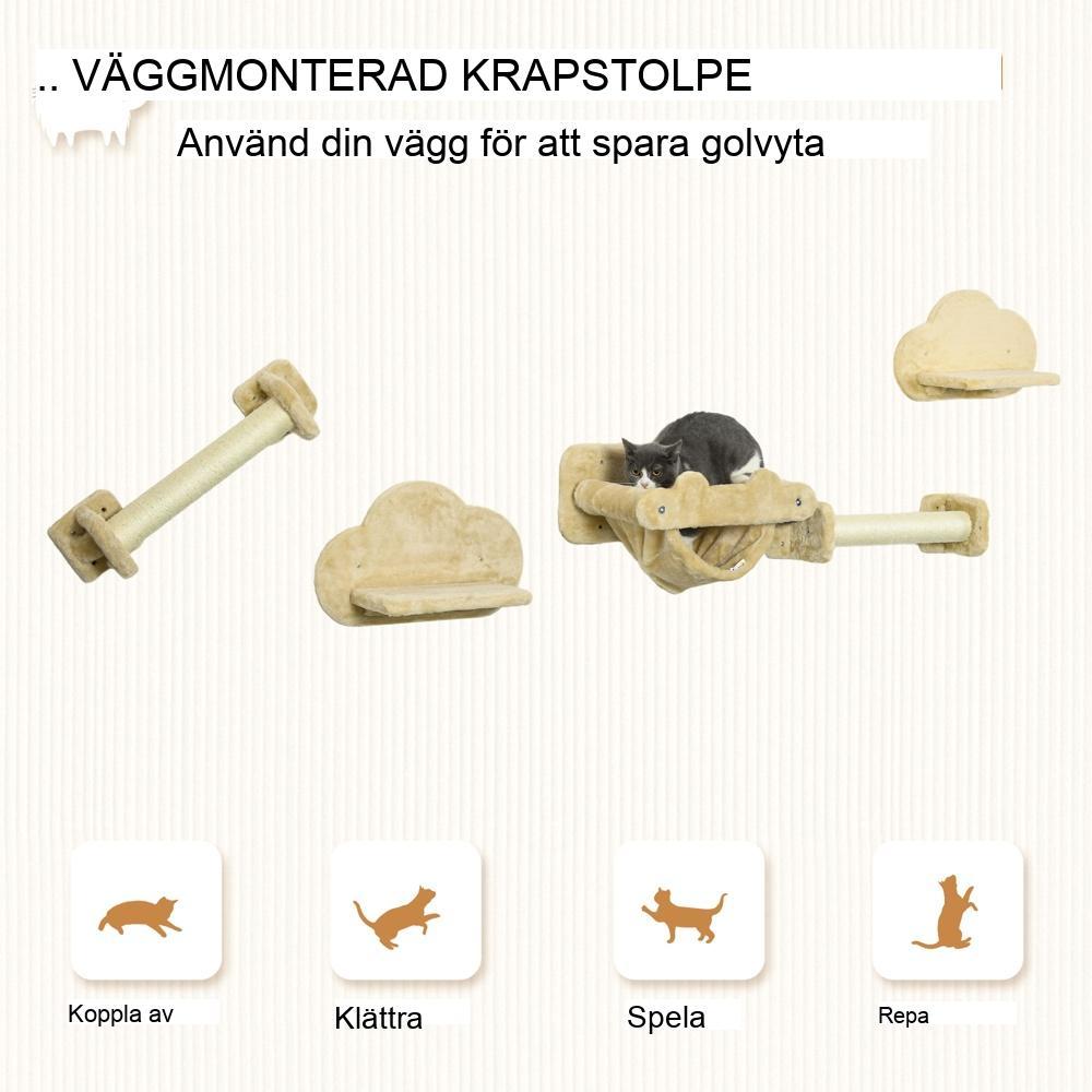 Beige molnformad kattklättervägg med skrapstolpar och plysch hängmatta