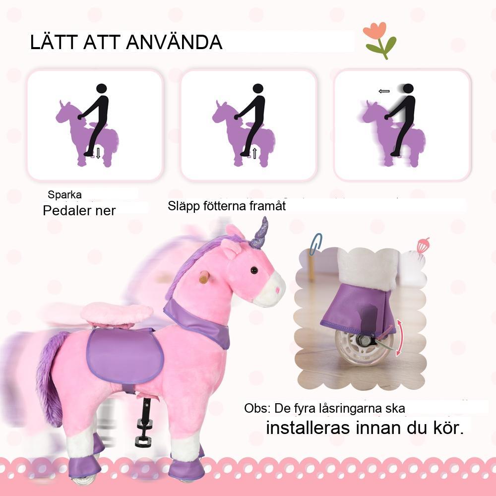 Rosa Unicorn Ridhäst, gunghäst med pedaler för barn från 3 år och uppåt