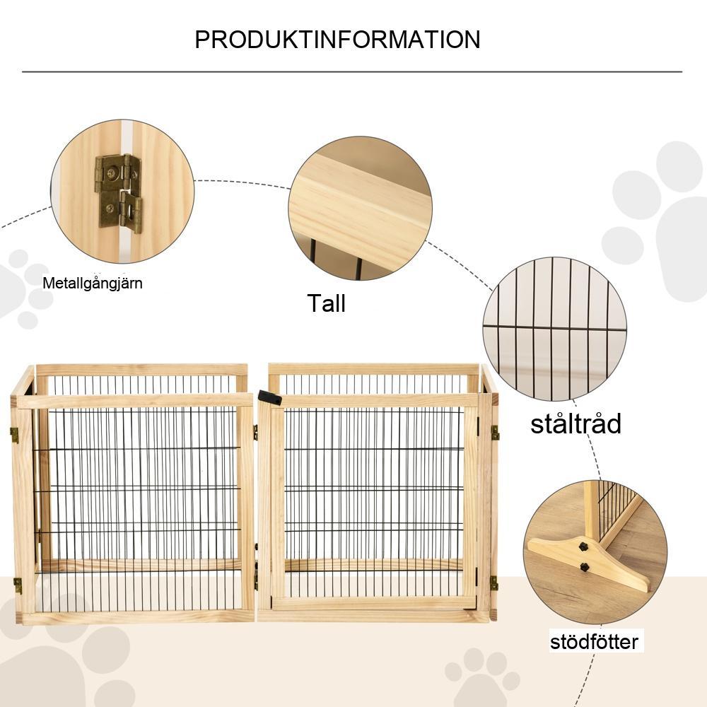 Träspärrport för husdjur, hopfällbar, säkerhetsstängsel för hundar, furu och metall, 432 cm