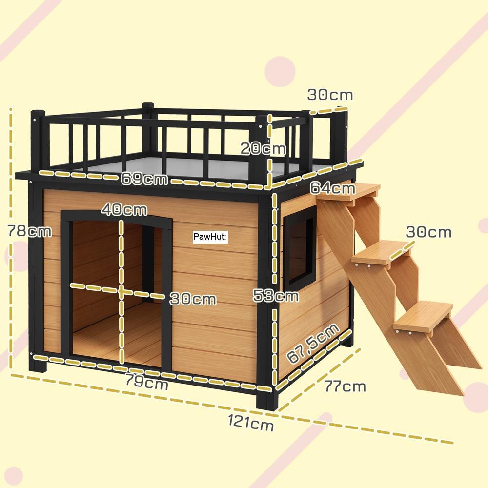 Gran Wood Hundhus med balkong, trappor och fönster för små hundar