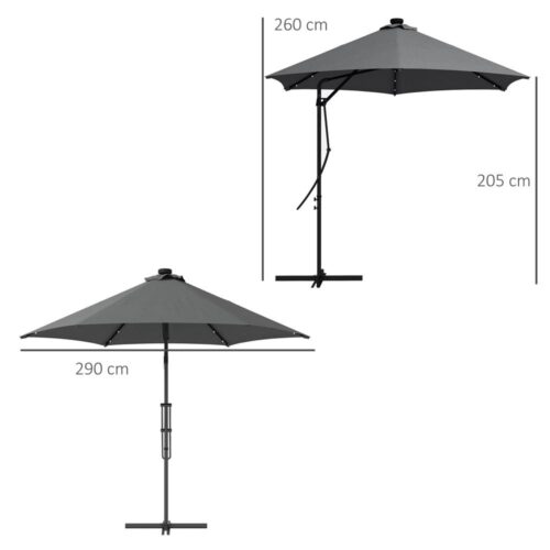 Solar Cantilever paraply med LED-ljus, 290 cm diameter, mörkgrå, UV-skydd