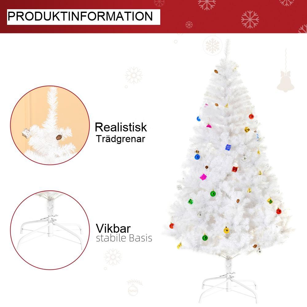 Vit 180cm konstgjord julgran med stativ och dekorationer