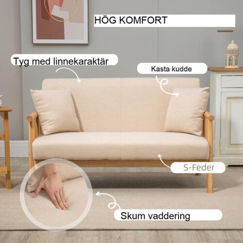 Soffa i beige linnelook, 2-sits med kuddar för små utrymmen