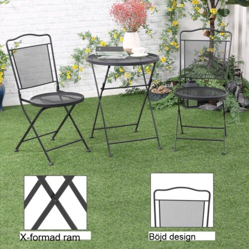 Black Metal Garden Bistro Set för 2 – Fällbart uteplatsbord och stolar