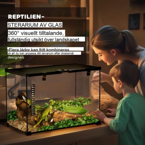 Reptilterrarium i glas med foderlåda och termometer – 50x30x35cm