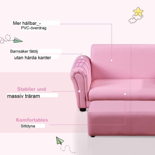 Rosa barnsoffa och pallset, modern barnsoffa med fotstöd