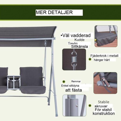 Grå 2-sits trädgårdsgunga med taklucka och vadderade säten för avkoppling utomhus