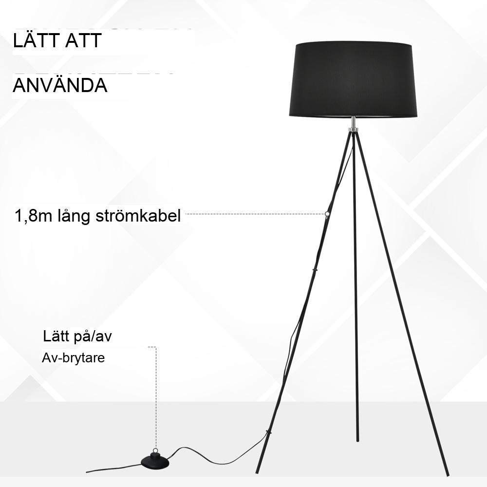 Modern Scandinavian Tripod Golvlampa – Svart tyg och metall 73x156cm