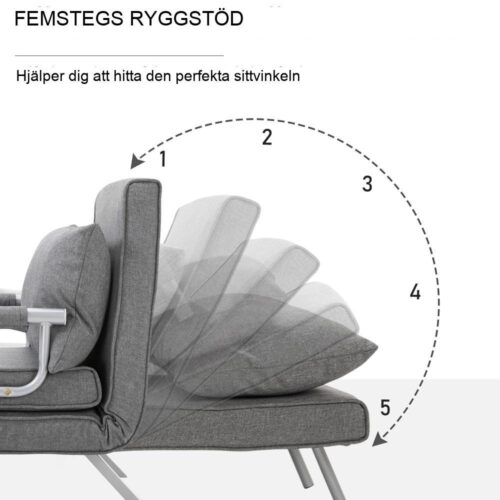 Grå 3-i-1 bäddsoffa med armstöd, justerbart ryggstöd, gästsäng, schäslong