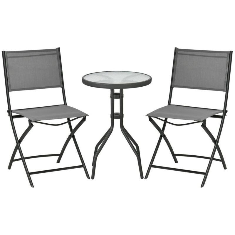 Grey Steel Bistro Set för 2, hopfällbara stolar och härdat glasbord