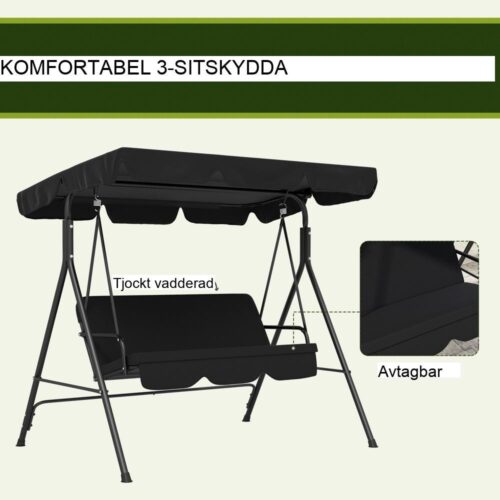 3-sits trädgårdsgunga med justerbart tak, robust stålkonstruktion – svart 172x110x153cm