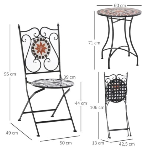 Mosaic Balcony Bistro Set för 2 med hopfällbara stolar och metallbord