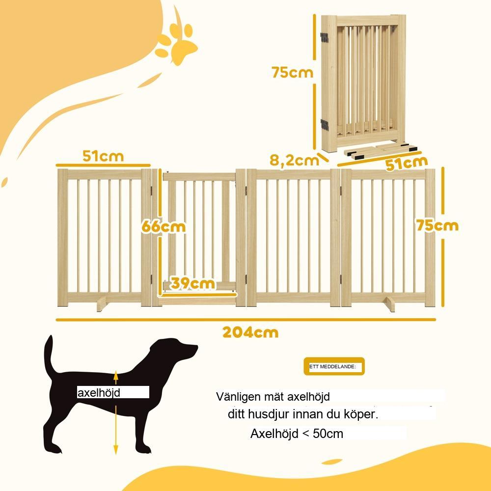 Hundport i trä med dörr, 4-panels vikbar barriär, säkerhet för hallar och trappor (204x75cm)