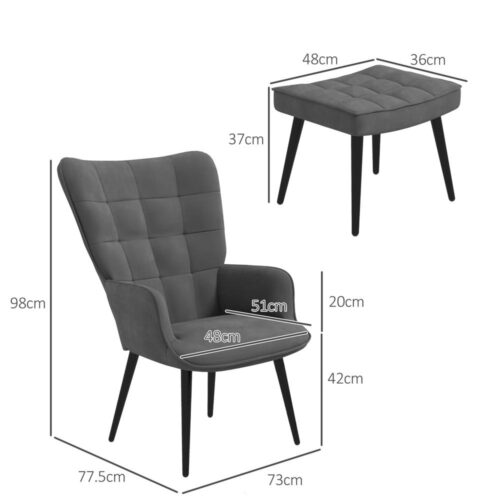 Dark Grey Velvet Wing Chair and Pall Set – Bekväm loungestol med fotstöd