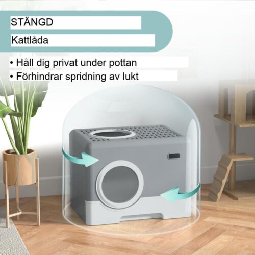 Kattlåda med lock och spade, design som är lätt att rengöra med utdragbar låda och minskat spill, grå plast 52x41x38.5cm | Lämplig för katter upp till 4 kg