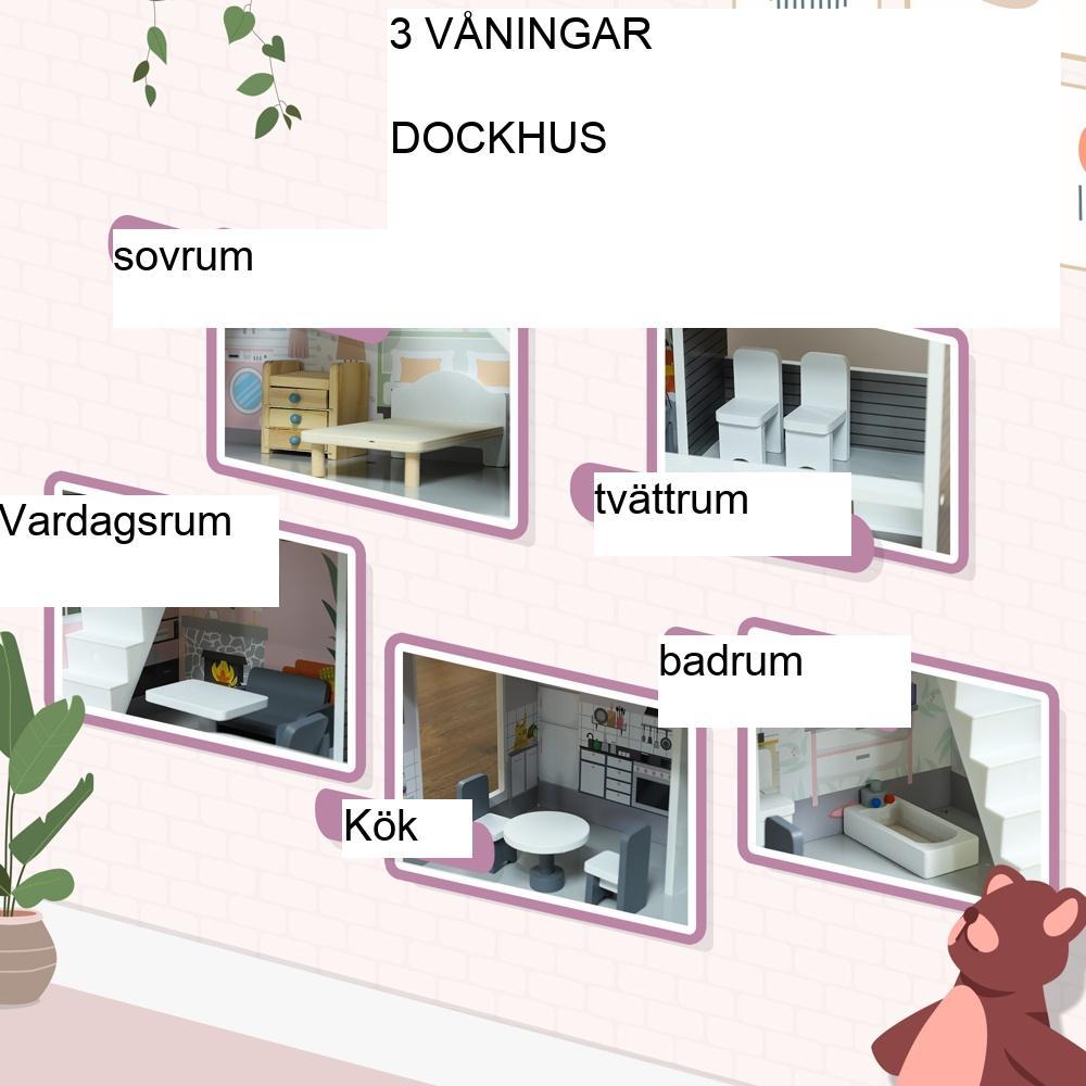 Dockhus i trä med möbler, 3-vånings lekstuga för barn i åldrarna 3-6