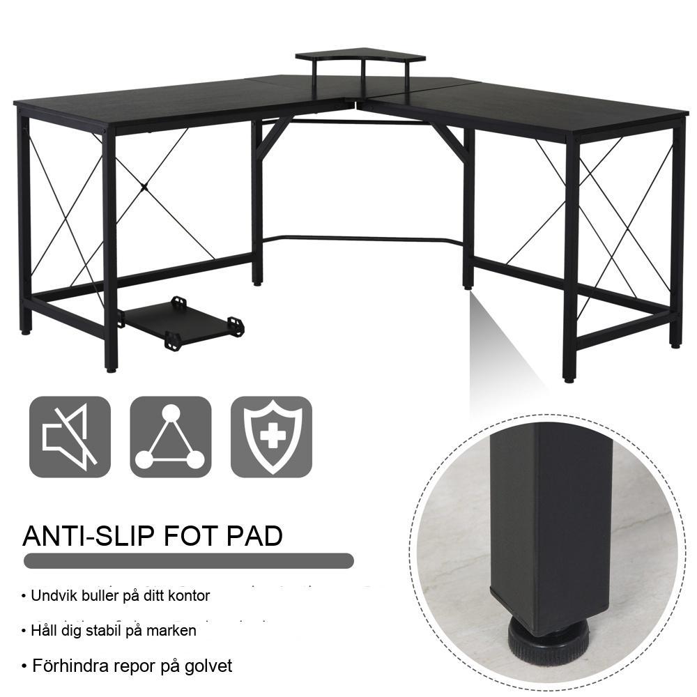 L-format hörnskrivbord med bildskärmsstativ – industristål svart
