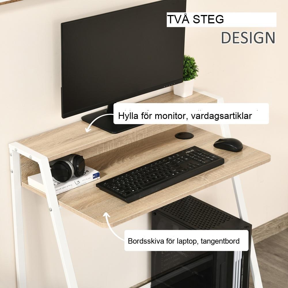 Modernt datorbord med förvaring och kabeluttag – Vit ekfinish 84x45cm