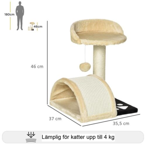 Svart plysch kattskrapstolpe med bollar och grotta – 46 cm hög