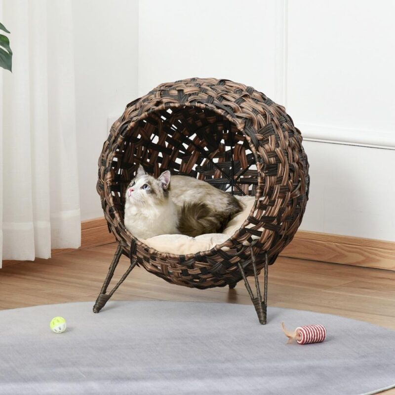 Rattan Cat Bed – Mysig kudde och upphöjda fötter Design 52cm