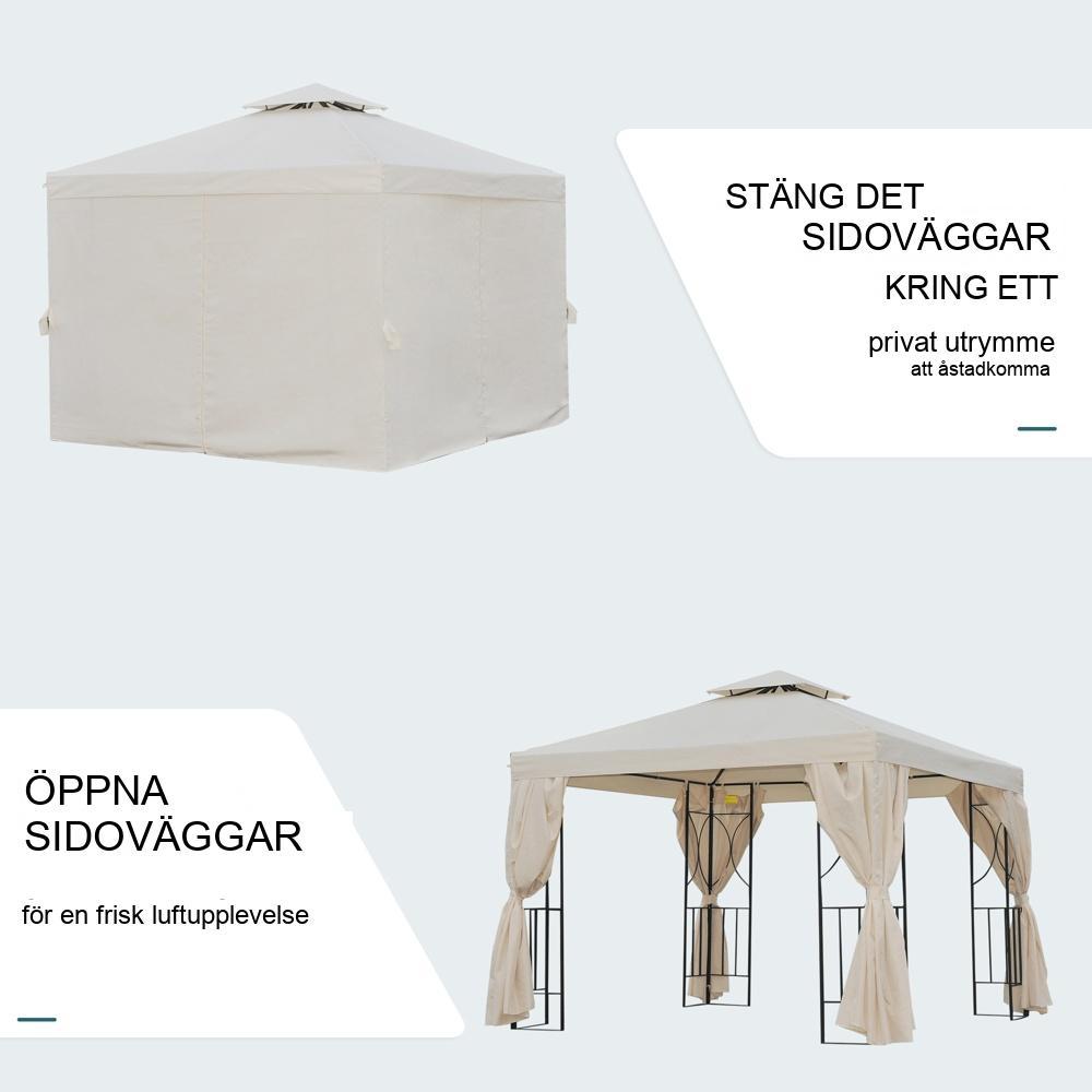 Gräddvit metall Gazebo Pavilion, 3×3 m dubbeltak, UV-skydd, 4 sidopaneler