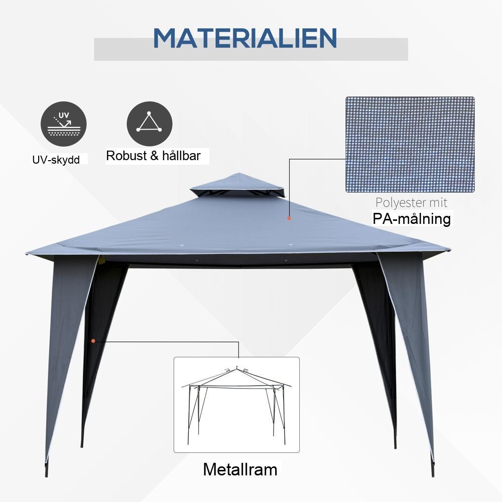 Paviljong Festtält Dubbeltak 3,45 m x 3,45 m – Vattentät och UV-beständig grå metall Gazebo för trädgårdsfester