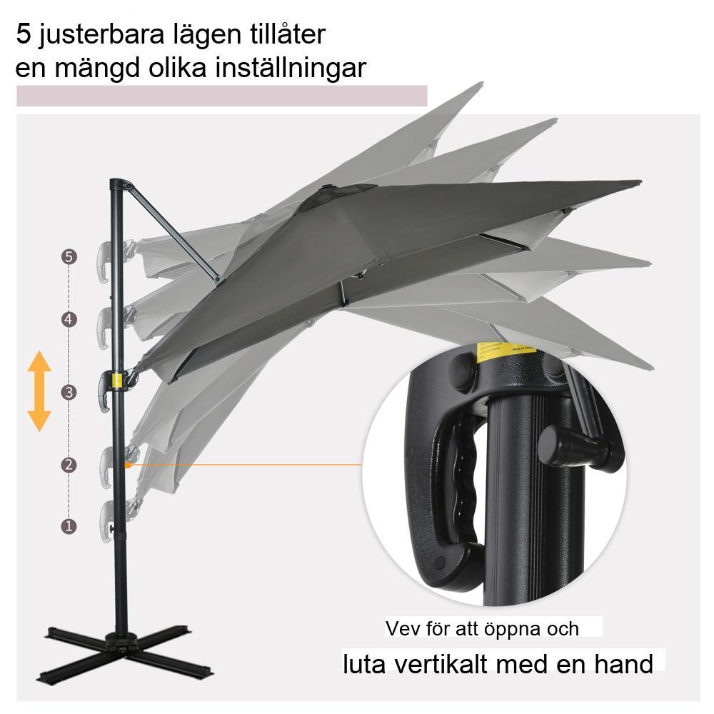 Stort fyrkantigt fribärande paraply, 360° roterbart, UV-skydd, grått